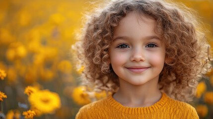 Cheerful young girl with curly hair smiling in a vibrant flower field during golden hour against a soft blurred background