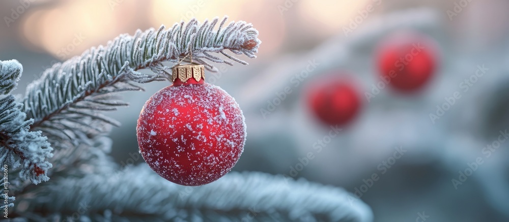 Aufkleber Red Christmas ornaments hanging on frosted evergreen branches with a soft snowy background creating a festive winter scene