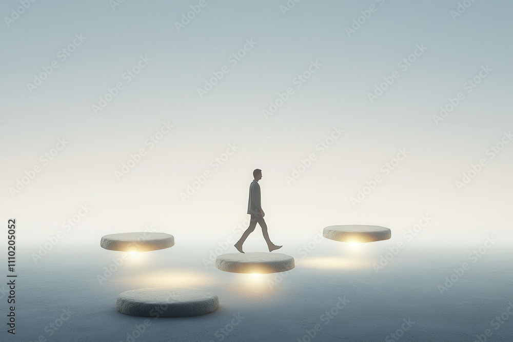Poster innovative walk on floating platforms futuristic environment visual art tranquil setting conceptual 