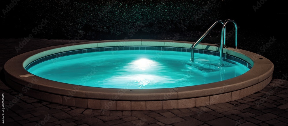 Poster tranquil night view of a glowing round pool surrounded by stone tiles and lush greenery creating a s