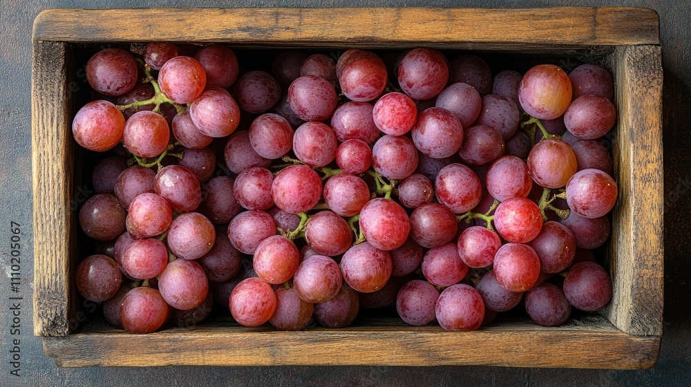 Poster fresh red grapes in a rustic wooden box on a neutral background highlighting their vibrant color and
