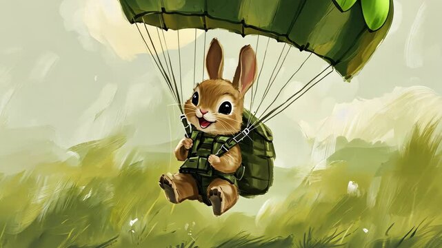 Happy rabbit parachuting with a green parachute over a grassy landscape on a bright day