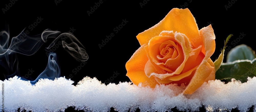 Poster Yellow rose surrounded by ice and snow with a black background creating a striking contrast and ethereal atmosphere.
