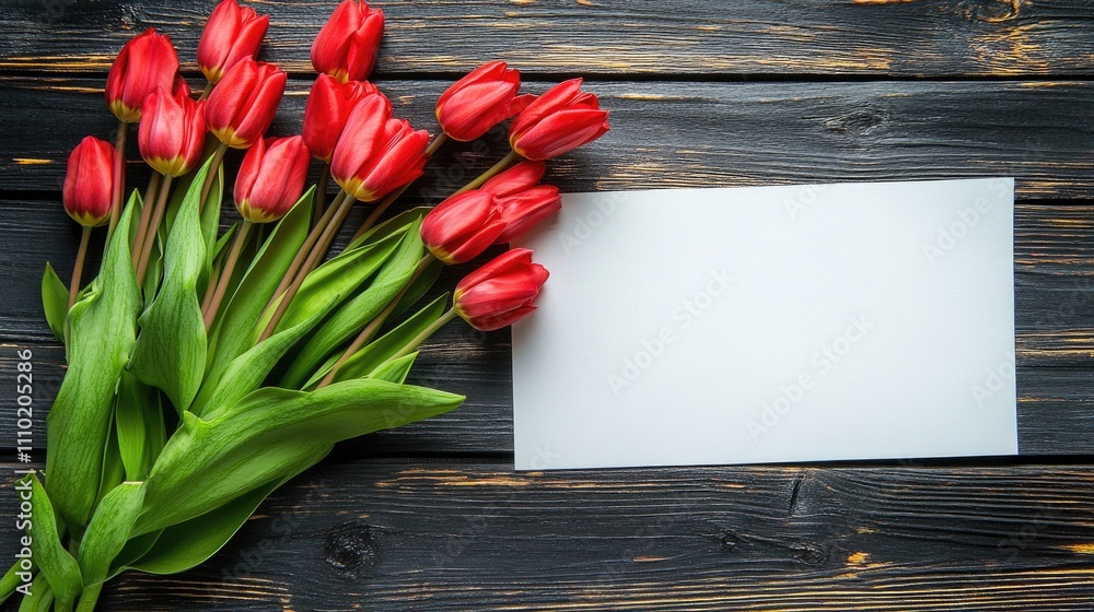 Poster Red tulips and a blank paper arranged on a dark wooden surface creating a beautiful natural composition for greeting or invitation designs