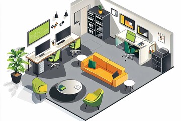 A modern collaborative office featuring stylish furniture, open workstations, and inspiring wall art that fosters innovation and productivity.