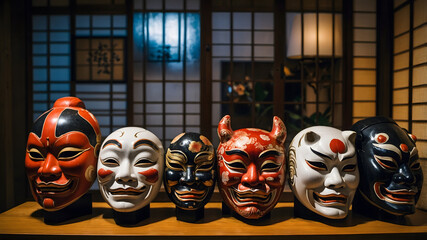 Traditional Japanese Oni Masks Art Sculpture in Wood Historical Carnival Decoration
