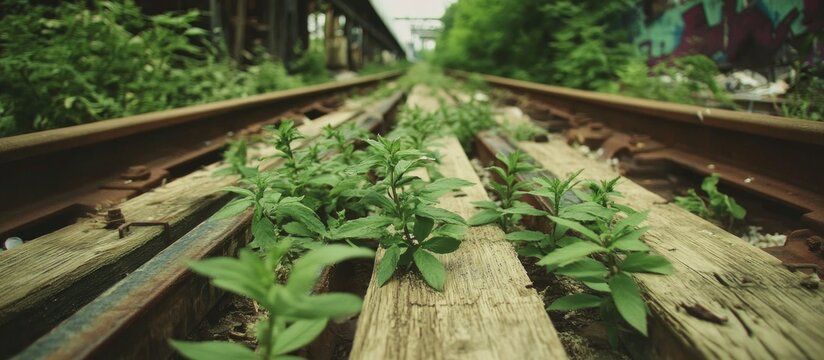 Abandoned railway tracks overgrown with greenery showcasing nature reclaiming industrial remnants and old infrastructure