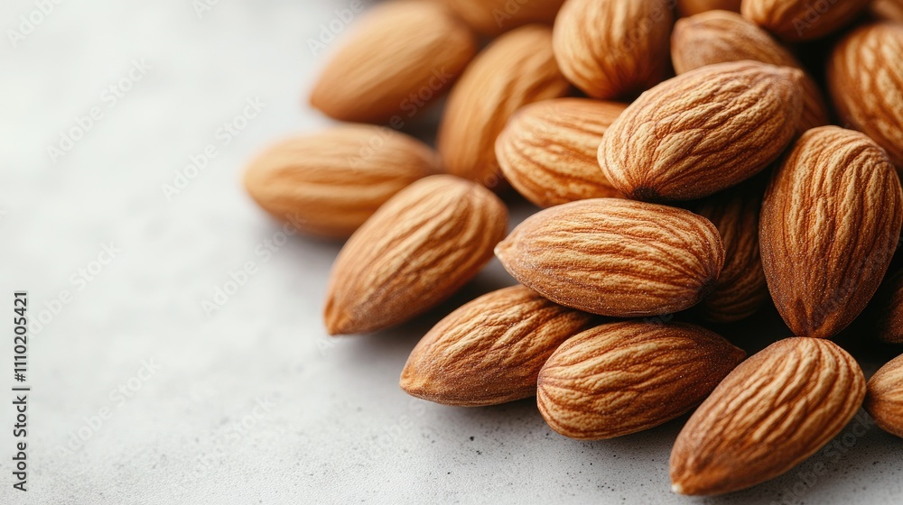 Poster roasted almonds arranged in a natural display showcasing their texture and color against a light neu