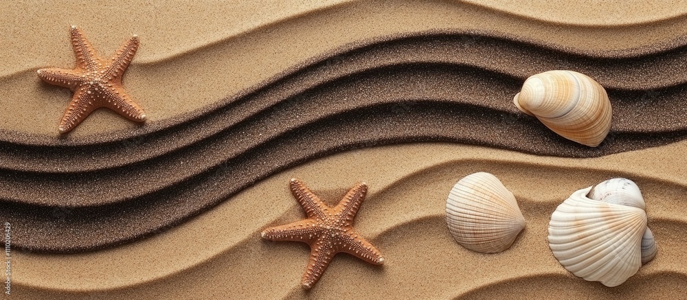 Poster Aerial view of sandy beach with starfish and seashells creating a serene coastal scene ideal for summer themes and nature backgrounds