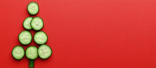 Festive cucumber tree arranged on a vibrant red background for New Year celebrations close up food art concept