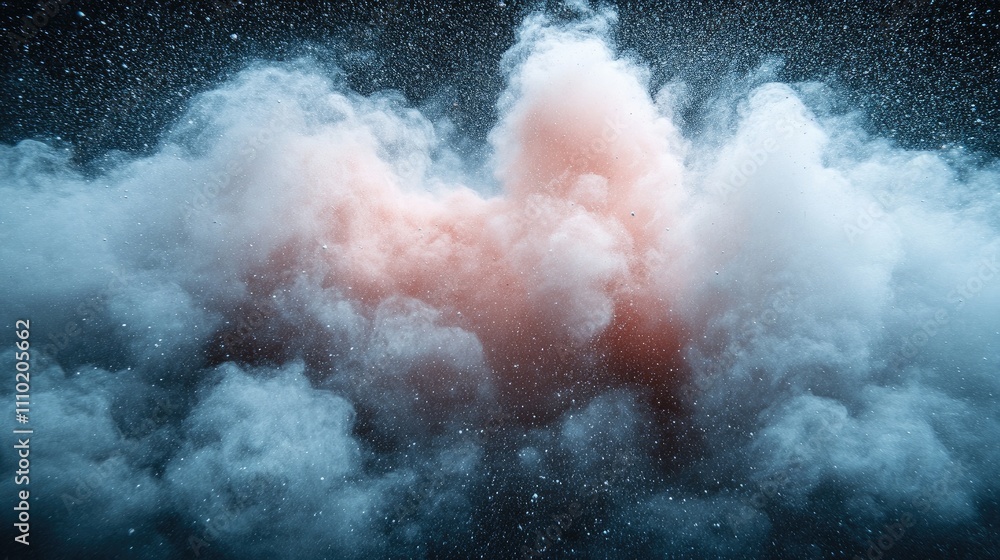 Poster Abstract powder explosion with colorful dust particles creating a dynamic cloud against a dark background for artistic and design purposes.