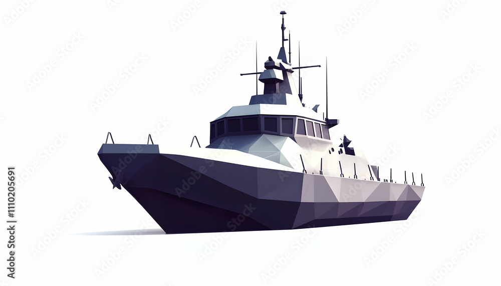 Poster a low-poly model of a naval vessel, designed for visual representation and simulation.