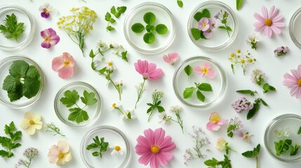 Petri dishes filled with flowers and herbs on white background showcasing the concept of natural skincare and organic cosmetic research