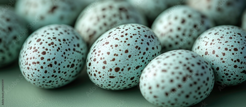 Aufkleber Decorative quail eggs with speckled patterns arranged on a smooth green surface showcasing their unique texture and color harmony