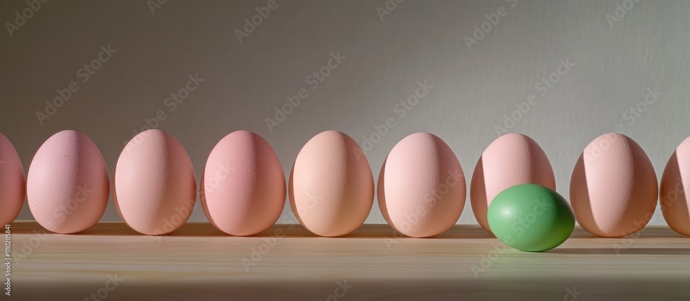 Poster colorful easter eggs in a row with one green egg standing out on a light wooden surface creating a p