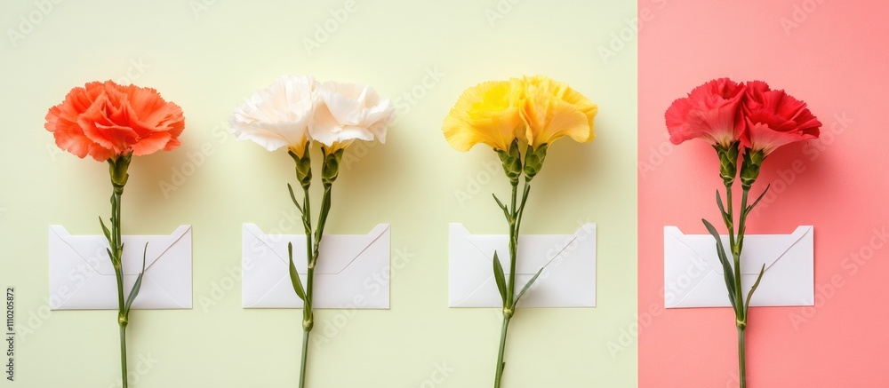 Poster postcard design featuring colorful carnation flowers and envelopes with space for personalized text 