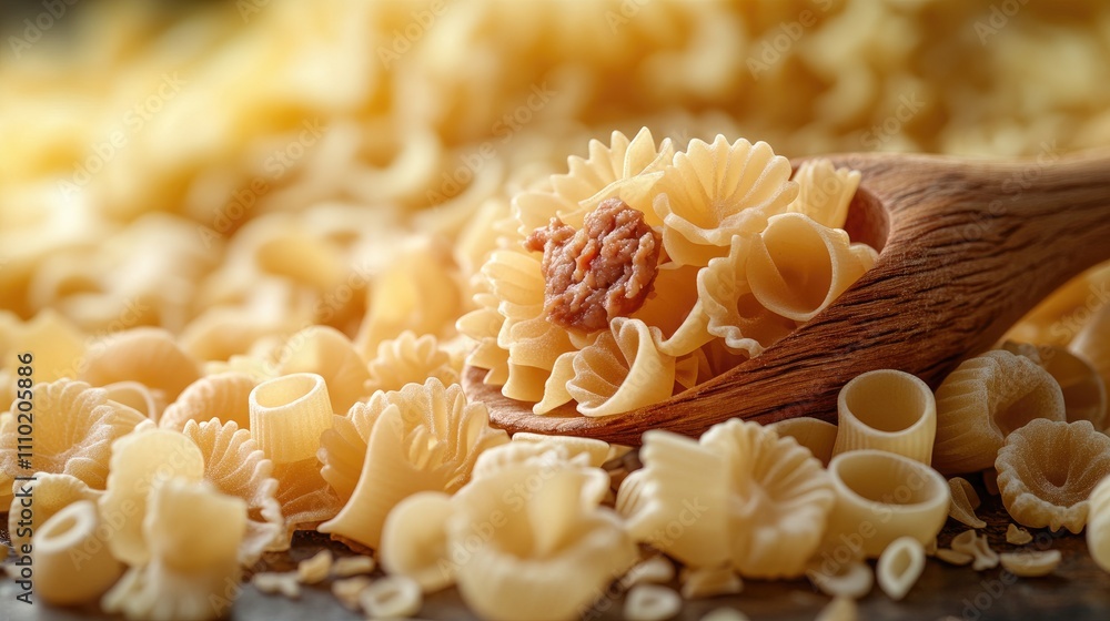 Poster raw pasta assortment with meat filling and wooden spoon on a rustic table background showcasing vari