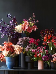 Fototapeta premium Elegant floral arrangements featuring vibrant blooms in chic containers, perfect for design inspiration and decor ideas in a contemporary studio.