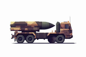 Obraz premium A military truck equipped with a large missile, showcasing a camouflage design.