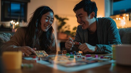 A vibrant couple shares joyful moments during a lively board game night at home, surrounded by snacks and laughter that highlight their playful chemistry.