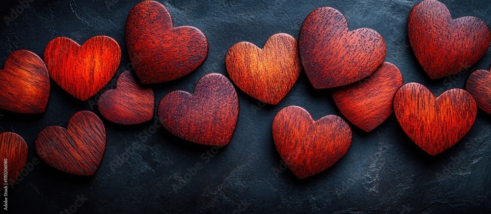 Poster red wooden hearts artistically placed on a dark surface with ample space for personalized text or br