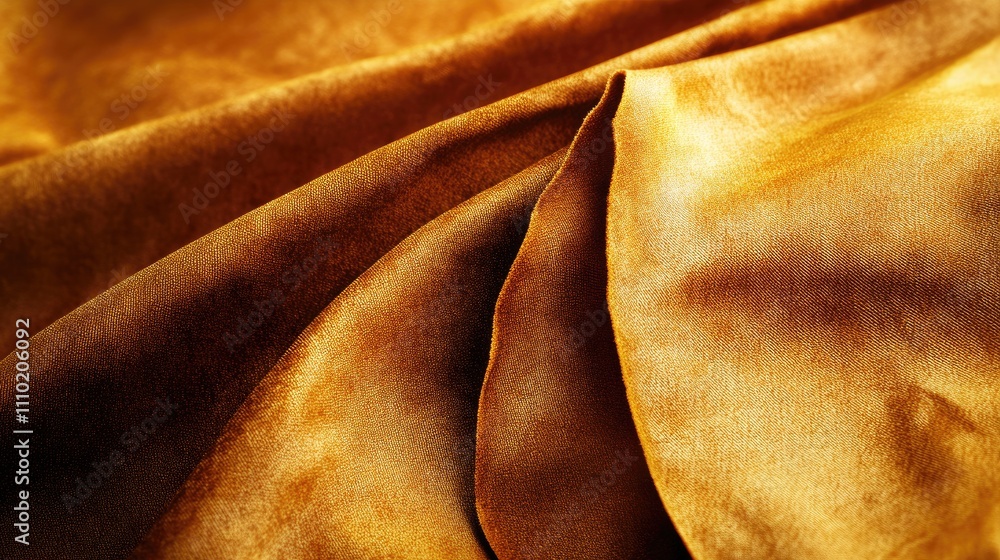 Poster Textured golden fabric folds creating an abstract background with warm tones and smooth drapery details for creative design use.