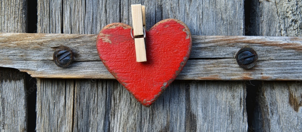 Aufkleber red heart fastened with a clothespin on rustic wooden background symbolizing love and attachment