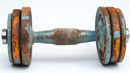 Rusty vintage 16 kg dumbbell isolated on white background showcasing wear and patina of classic gym equipment