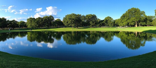 Panoramic view of a serene park with reflections on a calm lake under a clear blue sky and lush greenery in the foreground