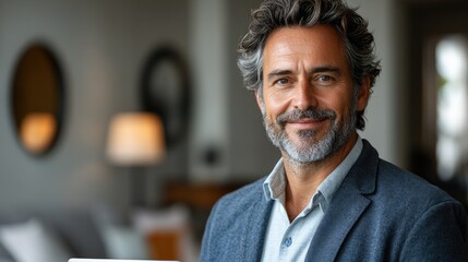 Obraz premium Confident middle aged businessman smiling while holding a laptop in a professional setting showcasing client engagement and modern technology