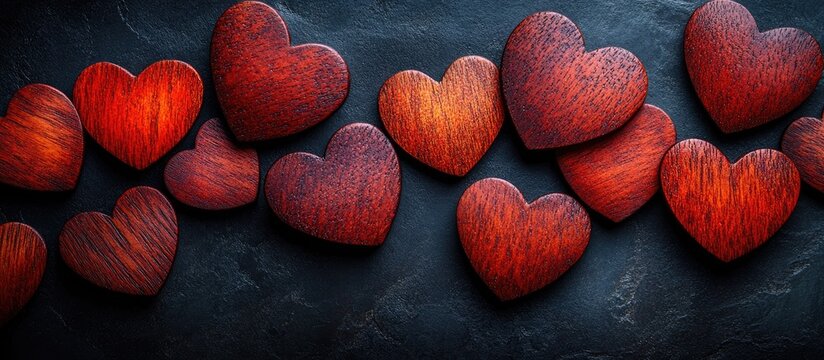 Red wooden hearts artistically placed on a dark surface with ample space for personalized text or branding messages.