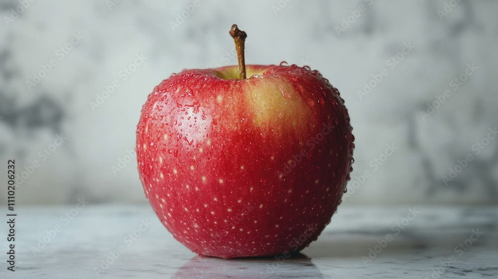 Leinwandbilder ripe red apple with droplets and bite marks on a textured surface against a neutral background