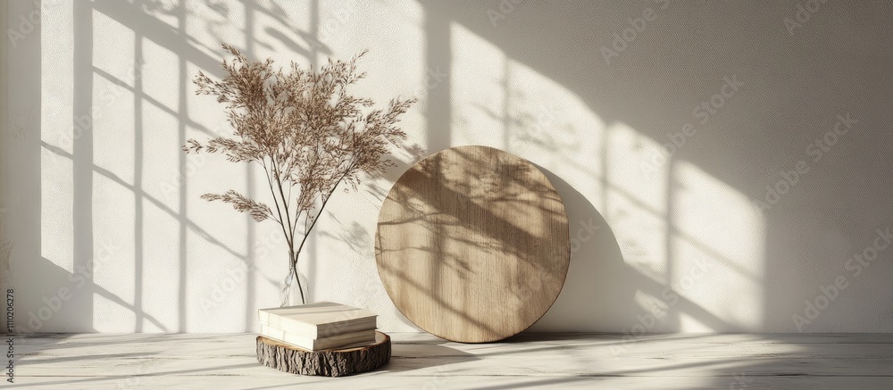 Aufkleber Rustic wooden board with menu card and dried plant arrangement creating a serene and minimalistic interior decor scene