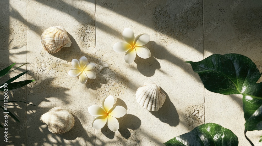 Poster Stylish branding mockup featuring natural elements like shells and flowers against a light background with soft shadows for creative design showcase