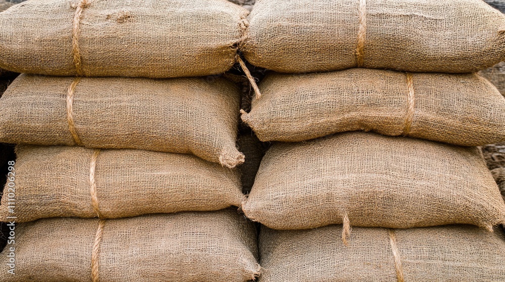 Poster natural burlap sack texture with rustic background showcasing stacked sacks for agricultural or deco