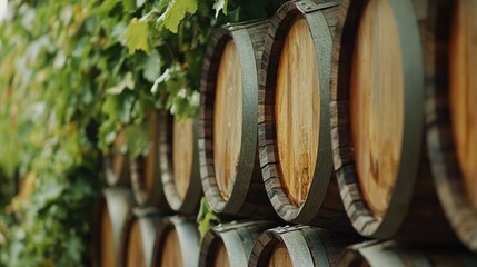 Rustic lodge showcasing stacked oak barrels used for aging premium ruby and tawny wines surrounded by lush greenery and vines.