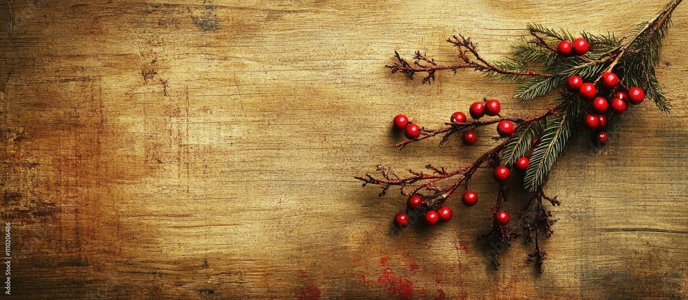 Poster festive red christmas decorations with fir branches on rustic wooden background creating a warm holi