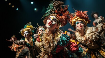 Fototapeta premium The International Day of Drama honors theatrical performance, featuring dynamic actors in vibrant costumes and powerful expressions that embody its essence.