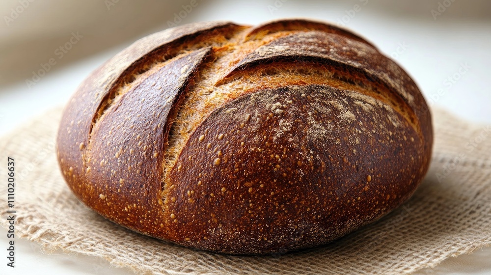 Poster Traditional rustic round rye bread with a golden crust displayed on a textured linen napkin against a soft white background.