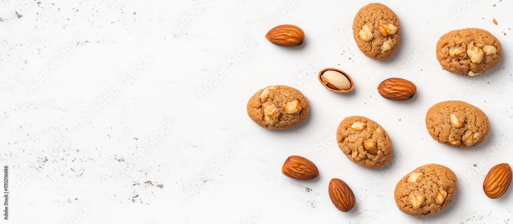 Poster nut cookies arranged on a light pastry table with almonds on a white background for text placement a