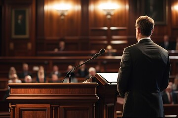 A confident lawmaker delivers a speech on civic duty at a podium in a legislative chamber, engaging the audience while dressed in professional attire.