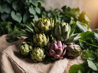 Obraz premium Fresh and Vibrant Artichokes Arranged on Rustic Fabric Surrounded by Green Leaves for Organic Culinary Inspiration and Healthy Eating Concepts.
