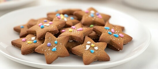 Homemade gingerbread star cookies decorated with colorful toppings on a white plate isolated on a light backdrop close up culinary treat
