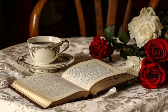 A beautifully set table featuring an open love story book, a delicate coffee cup, and fresh roses, evoking romance and nostalgia for book lovers and couples. - Powered by Adobe