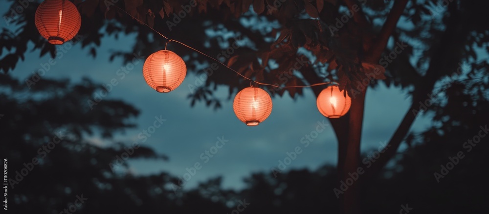 Poster red lanterns glowing softly against a dusky sky illuminating the serene nighttime atmosphere in a tr