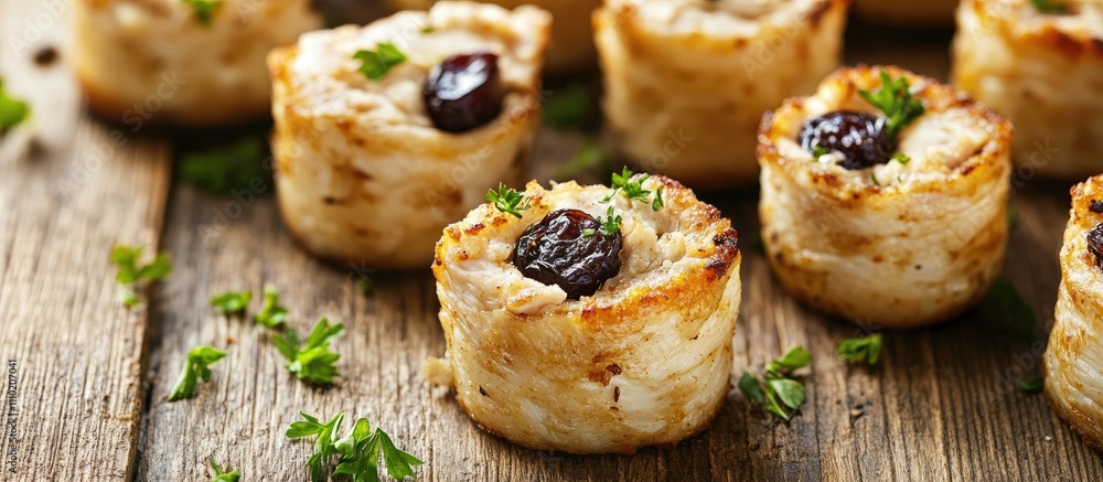 Aufkleber breaded chicken and prunes rolls arranged beautifully on a rustic wooden table garnished with fresh 