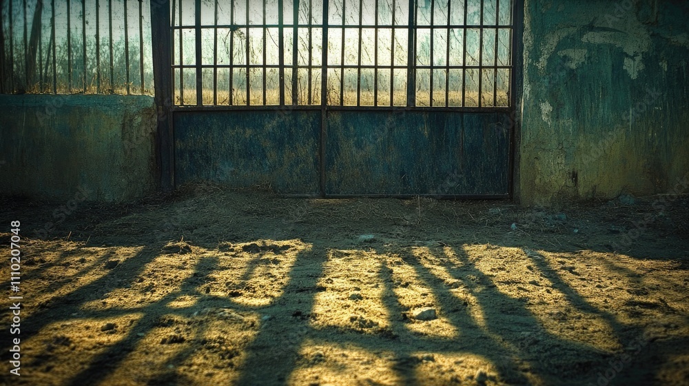 Aufkleber shadows created by a rustic fence on dry soil under soft evening light