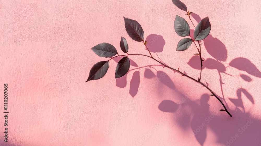 Poster shadow of rose leaves on pink concrete wall creating an abstract nature background with space for te