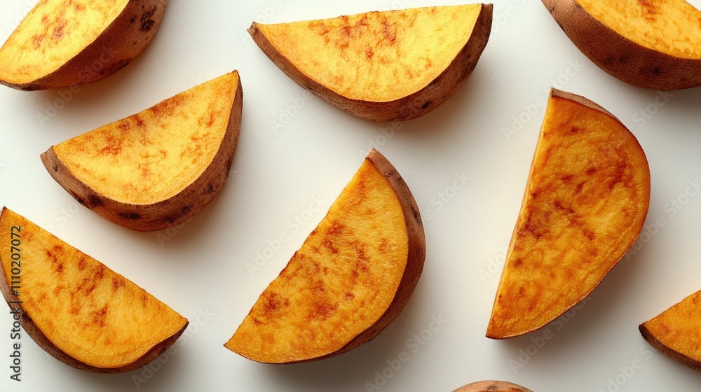 Poster sliced raw sweet potatoes arranged on a clean white background showcasing their vibrant color and te