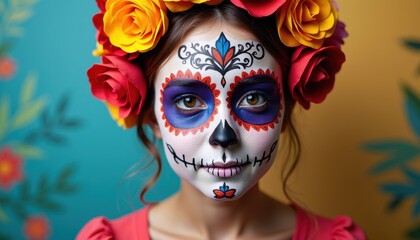 Day of the Dead Face Paint with Vibrant Colors and Bold Floral Details.
